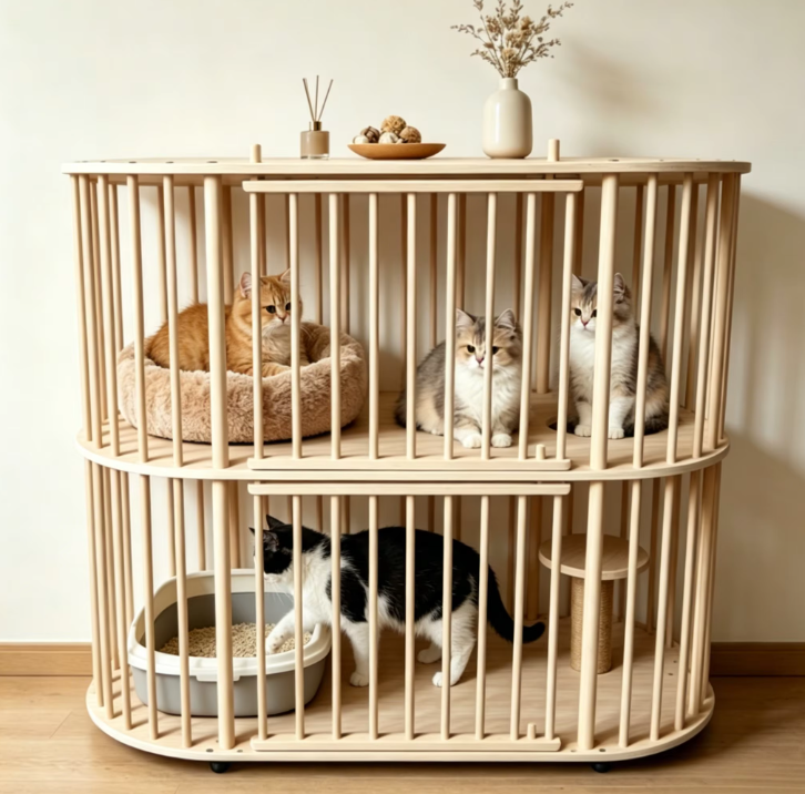 Double-Tier Solid Wood Cat Villa with Sisal Scratching Post & Rolling Wheels - Image 6