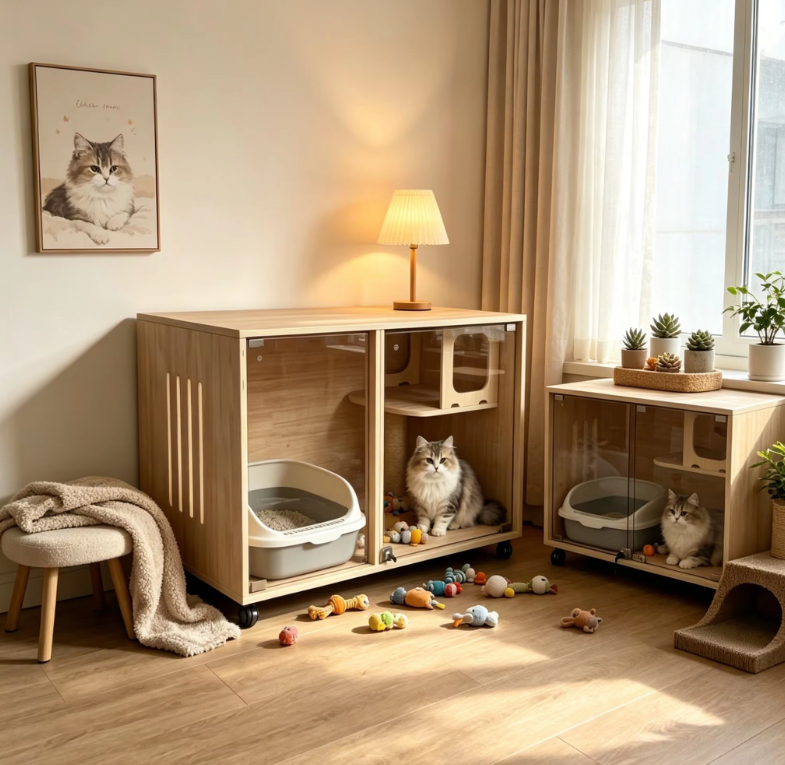Modern Wooden Cat House with Tempered Glass Doors, Sisal Scratching Posts & Wheels - Image 7