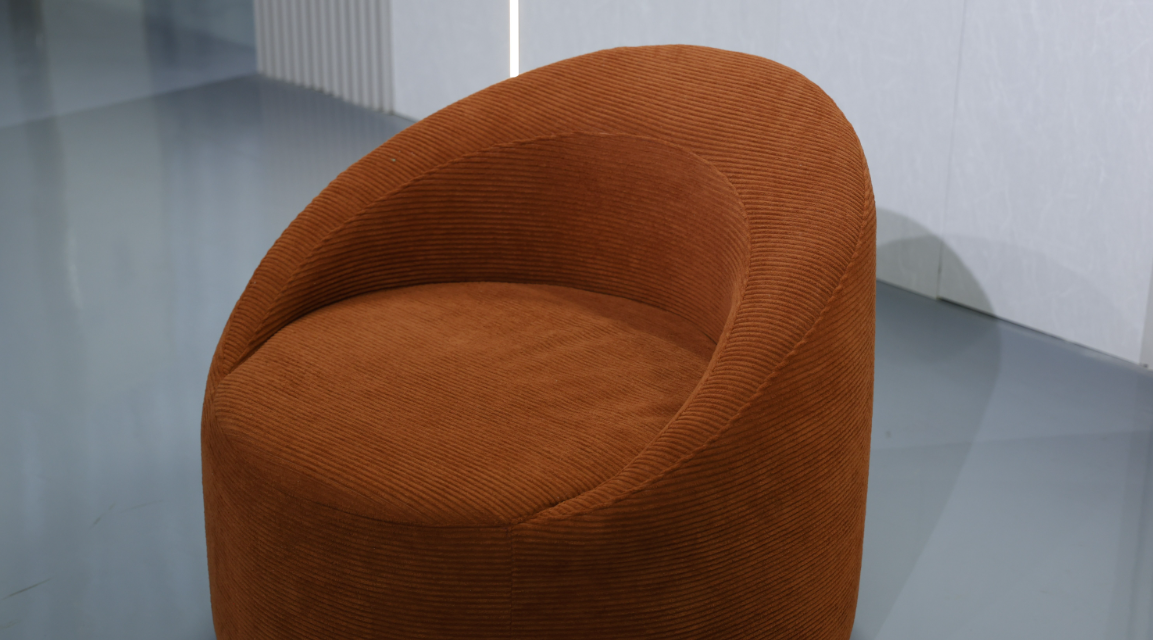 Modern Barrel Accent Chair with Curved Backrest in Caramel Corduroy - Image 9