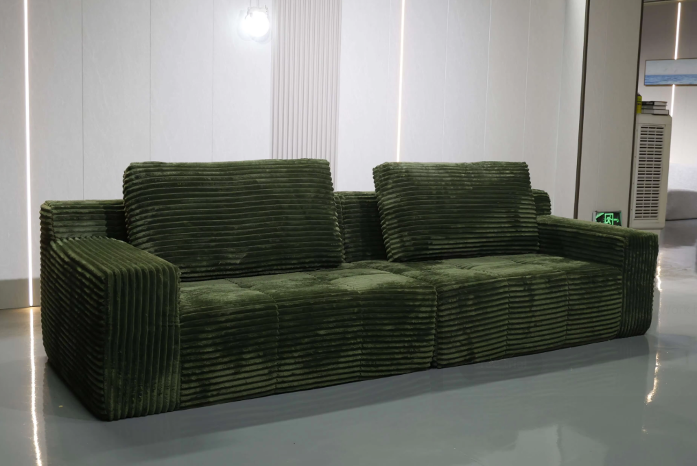 Vintage Green 3-Seater Corduroy Sofa with Tufted Seats & Back Cushions