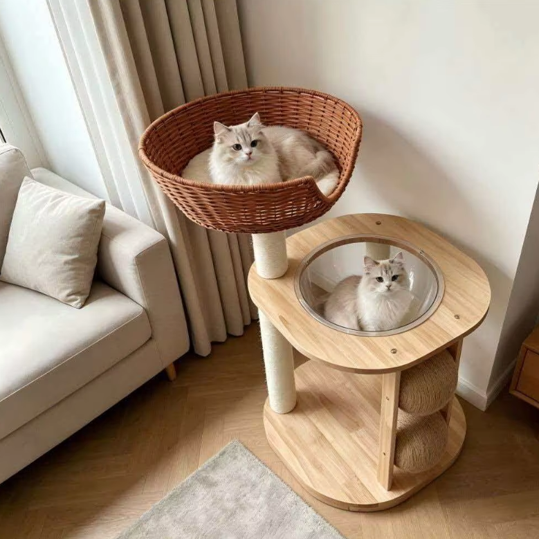 Chic Wooden Cat Tower with Woven Basket, Clear Capsule & Sisal Balls - Image 6