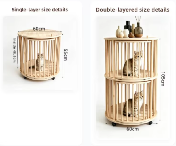 Round Double-Tier Solid Wood Cat Tower with Rolling Wheels & Side Table Top - Image 2