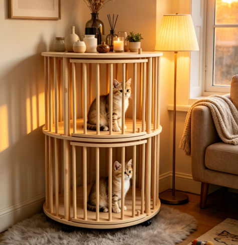 Round Double-Tier Solid Wood Cat Tower with Rolling Wheels & Side Table Top - Image 4