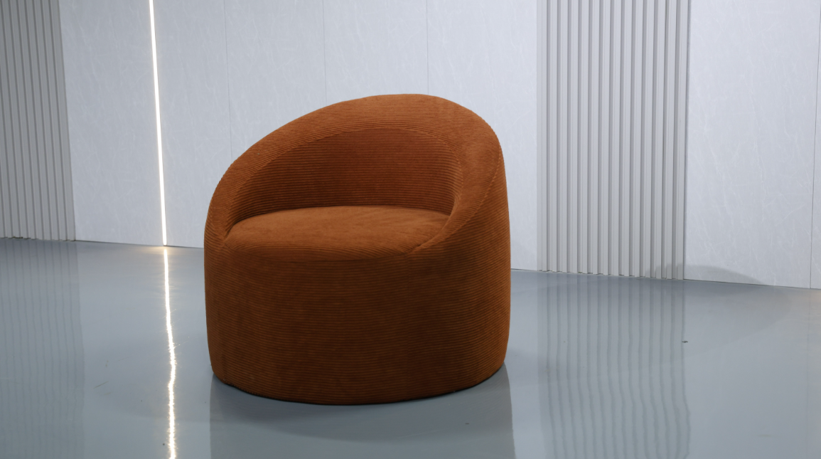 Modern Barrel Accent Chair with Curved Backrest in Caramel Corduroy - Image 4