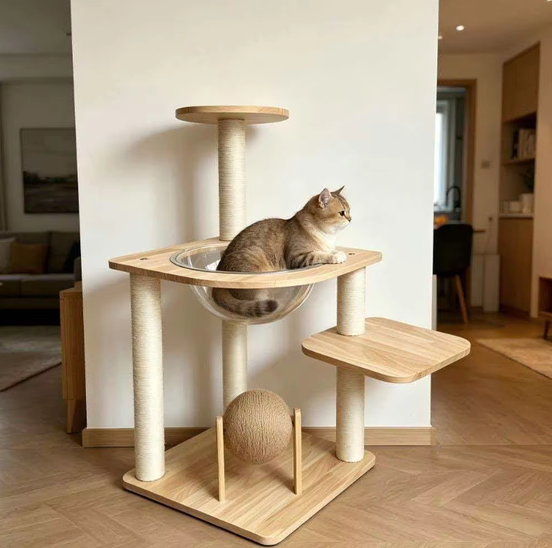 Modern Wooden Cat Tower with Clear Space Capsule & Sisal Scratch Ball - Image 6
