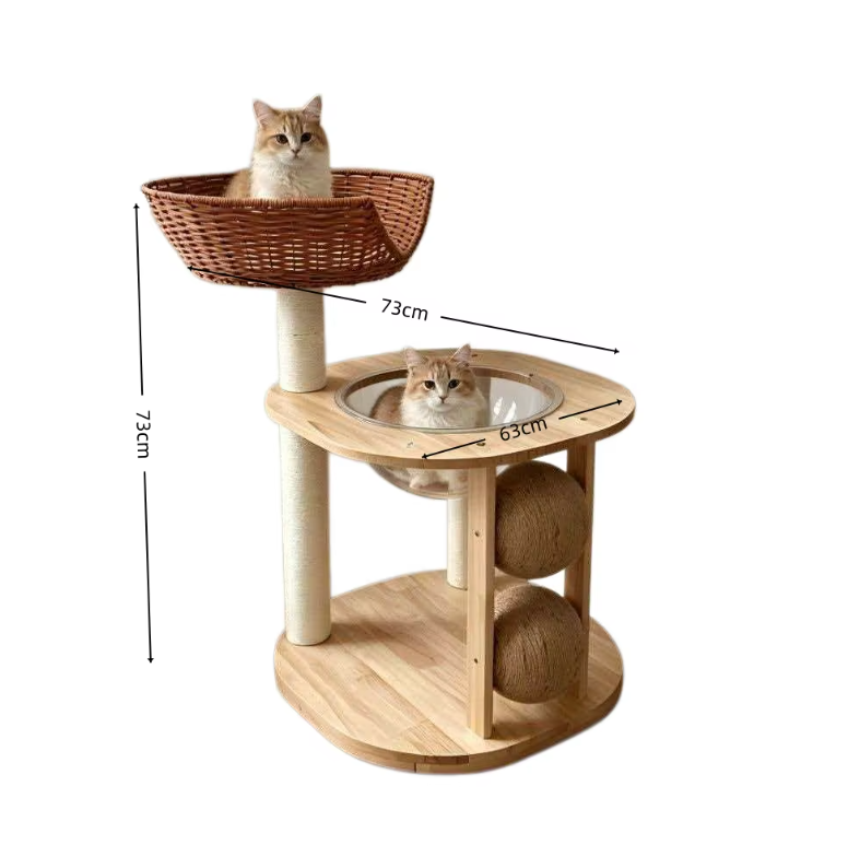 Chic Wooden Cat Tower with Woven Basket, Clear Capsule & Sisal Balls - Image 2