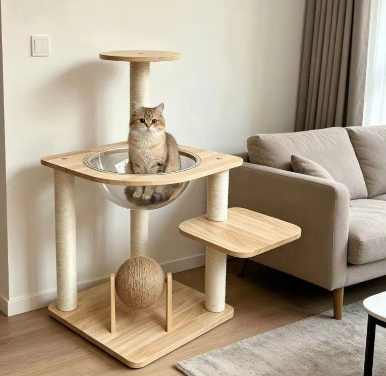 Modern Wooden Cat Tower with Clear Space Capsule & Sisal Scratch Ball - Image 9