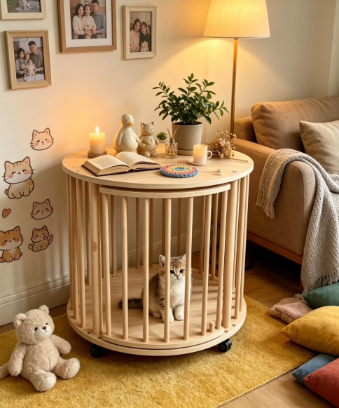 Round Solid Wood Single-Tier Cat Condo with Rolling Wheels & Side Table Top - Image 7