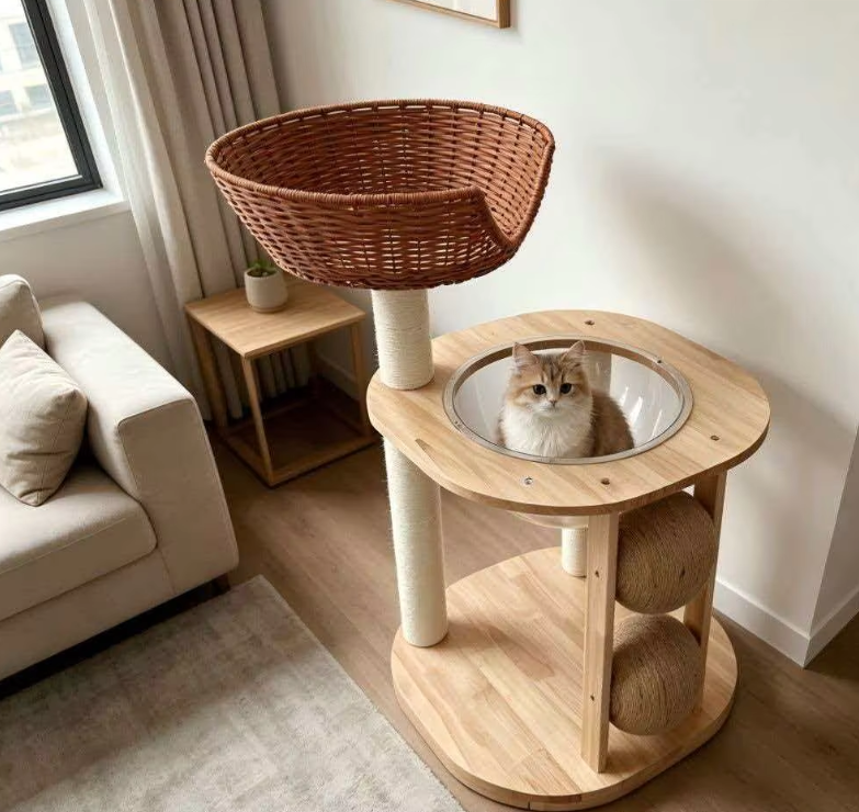 Chic Wooden Cat Tower with Woven Basket, Clear Capsule & Sisal Balls - Image 3