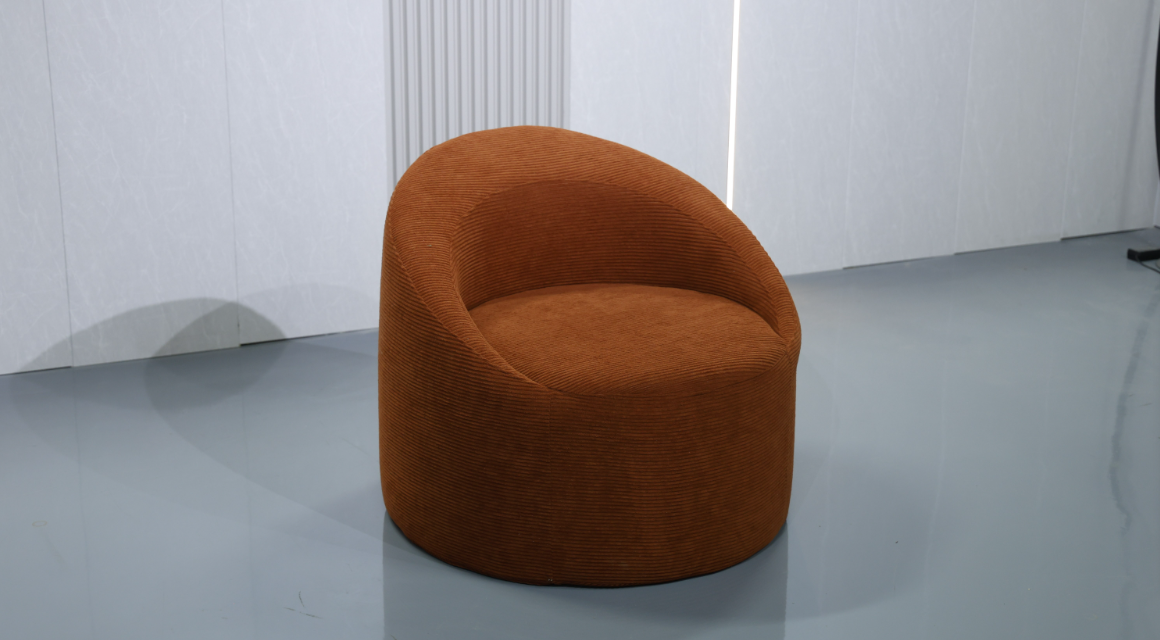 Modern Barrel Accent Chair with Curved Backrest in Caramel Corduroy