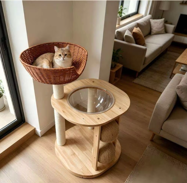Chic Wooden Cat Tower with Woven Basket, Clear Capsule & Sisal Balls - Image 4