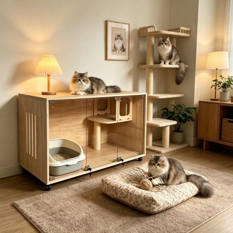 Modern Wooden Cat House with Tempered Glass Doors, Sisal Scratching Posts & Wheels - Image 5