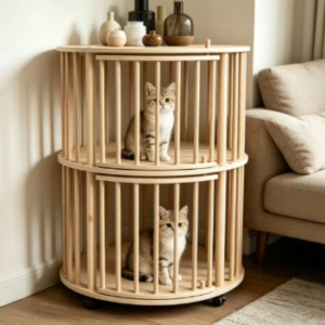 Round Double-Tier Solid Wood Cat Tower with Rolling Wheels & Side Table Top
