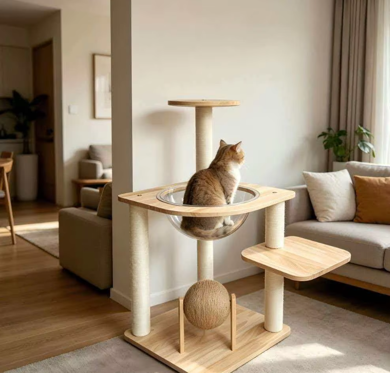 Modern Wooden Cat Tower with Clear Space Capsule & Sisal Scratch Ball - Image 7