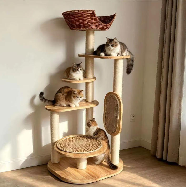 Multi-Level Natural Wood Cat Tree with Rattan Basket & Scratching Board - Image 8