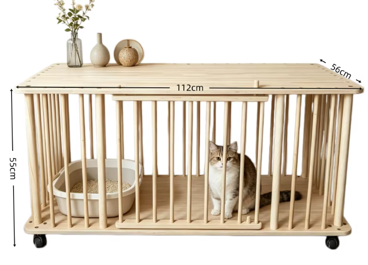Solid Wood Single-Tier Cat Condo with Rolling Wheels & Spacious Top Shelf - Image 7