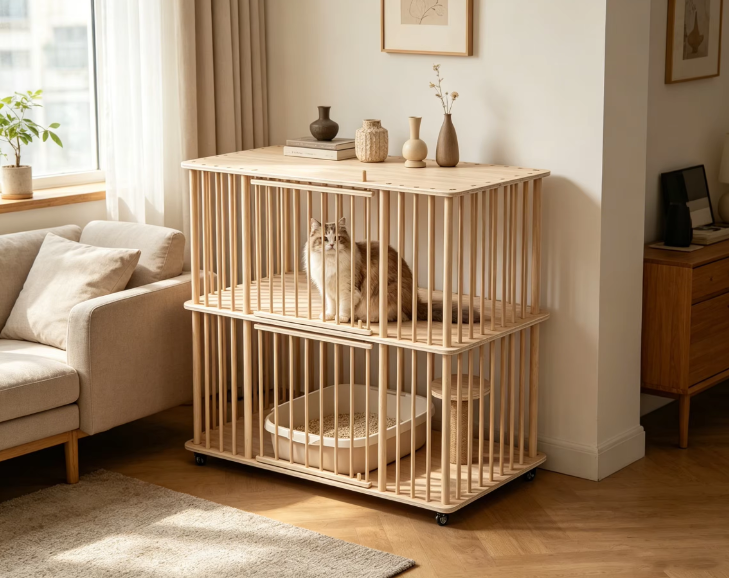 Double-Tier Solid Wood Cat Villa with Sisal Scratching Post & Rolling Wheels - Image 2
