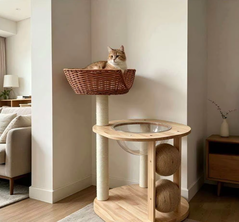 Chic Wooden Cat Tower with Woven Basket, Clear Capsule & Sisal Balls - Image 7