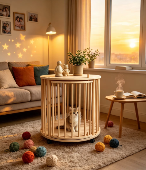 Round Solid Wood Single-Tier Cat Condo with Rolling Wheels & Side Table Top - Image 6