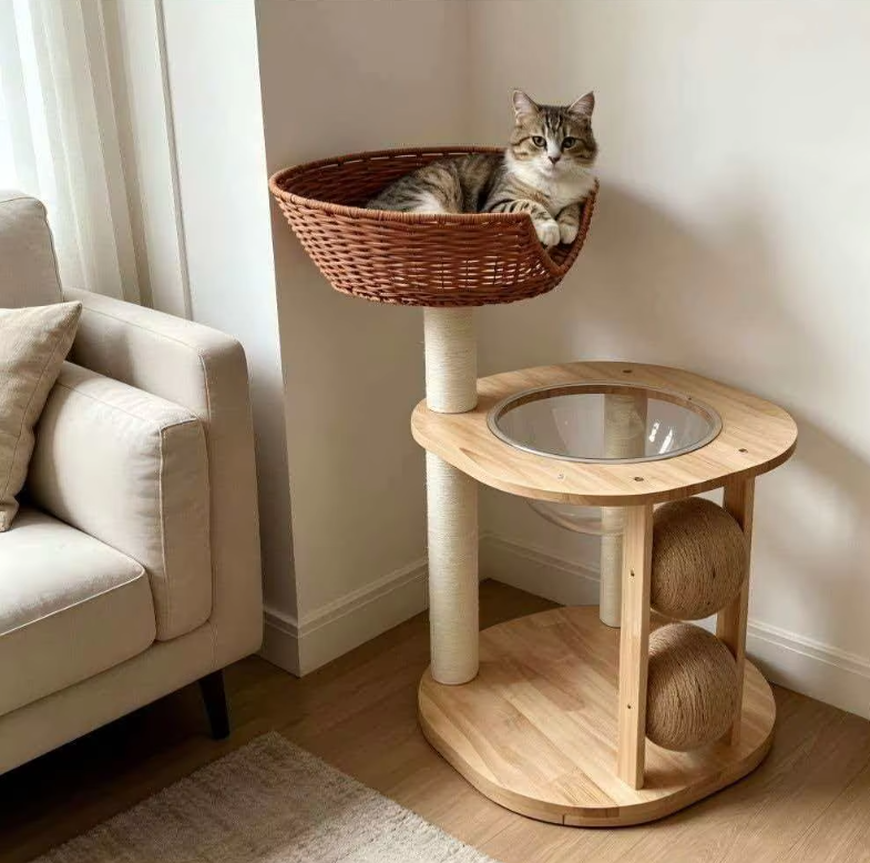 Chic Wooden Cat Tower with Woven Basket, Clear Capsule & Sisal Balls - Image 5