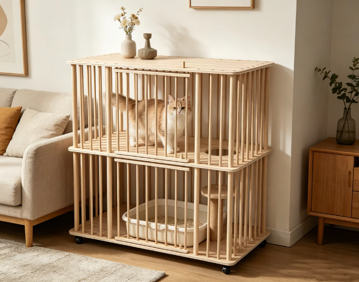 Double-Tier Solid Wood Cat Villa with Sisal Scratching Post & Rolling Wheels - Image 4