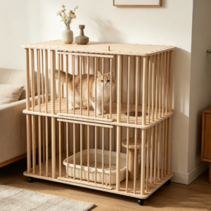 Double-Tier Solid Wood Cat Villa with Sisal Scratching Post & Rolling Wheels