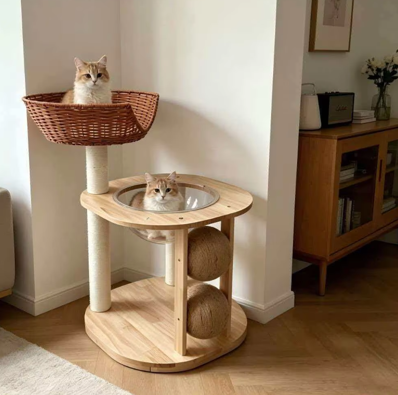 Chic Wooden Cat Tower with Woven Basket, Clear Capsule & Sisal Balls - Image 8