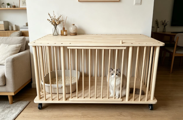 Solid Wood Single-Tier Cat Condo with Rolling Wheels & Spacious Top Shelf - Image 8