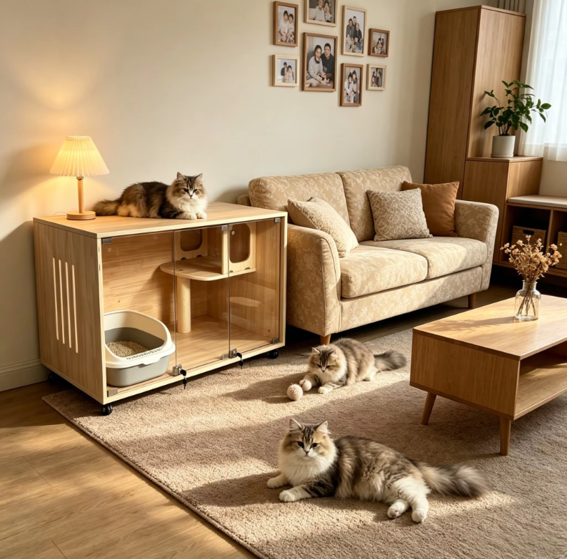 Modern Wooden Cat House with Tempered Glass Doors, Sisal Scratching Posts & Wheels - Image 6