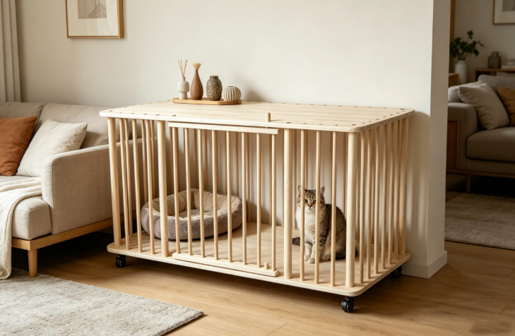 Solid Wood Single-Tier Cat Condo with Rolling Wheels & Spacious Top Shelf - Image 11