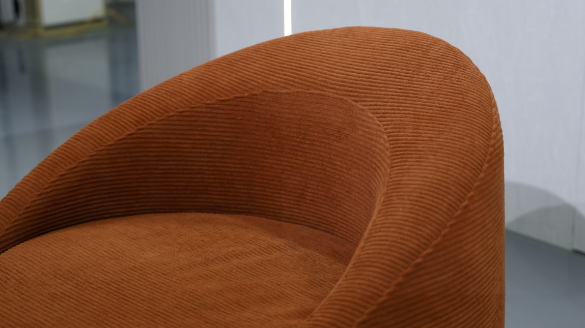Modern Barrel Accent Chair with Curved Backrest in Caramel Corduroy - Image 6