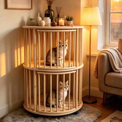 Round Double-Tier Solid Wood Cat Tower with Rolling Wheels & Side Table Top - Image 11