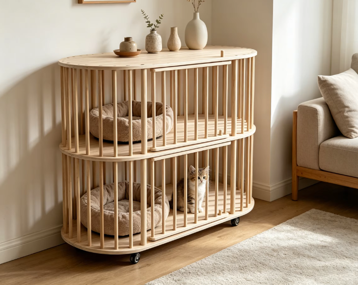 Double-Tier Solid Wood Cat Villa with Sisal Scratching Post & Rolling Wheels - Image 5