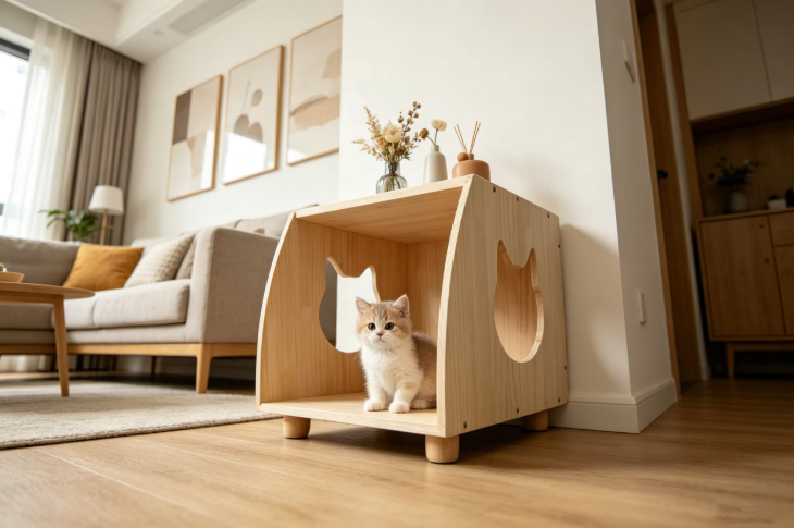 Modern Wooden Cat House Nightstand Pet Bed Side Table with Cat Face Cutout Multifunctional Indoor Pet Furniture for Wholesale - Image 9