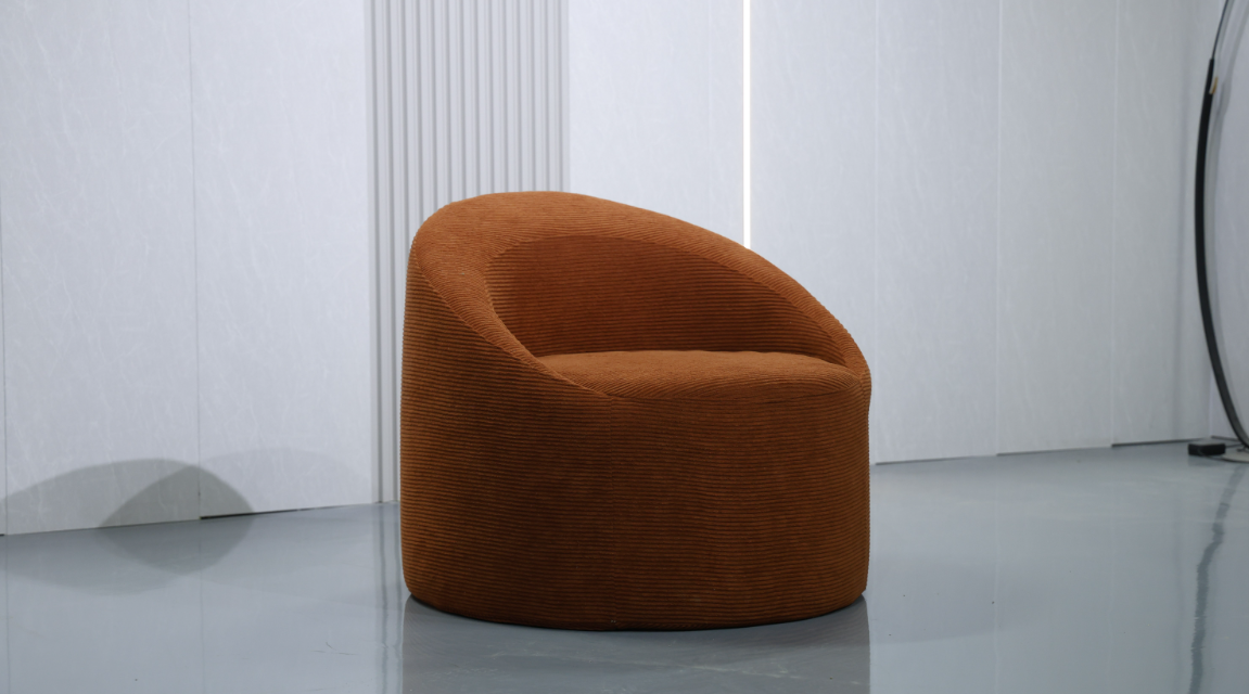 Modern Barrel Accent Chair with Curved Backrest in Caramel Corduroy - Image 2
