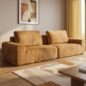 Warm Caramel 3-Seater Corduroy Sofa with Tufted Seats & Lumbar Pillows