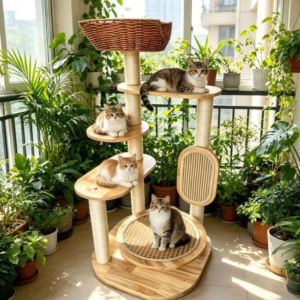 Multi-Level Natural Wood Cat Tree with Rattan Basket & Scratching Board