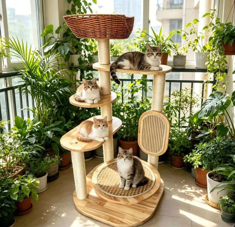 Multi-Level Natural Wood Cat Tree with Rattan Basket & Scratching Board
