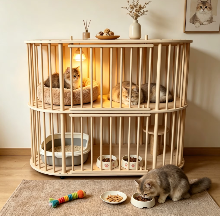 Double-Tier Solid Wood Cat Villa with Sisal Scratching Post & Rolling Wheels - Image 7