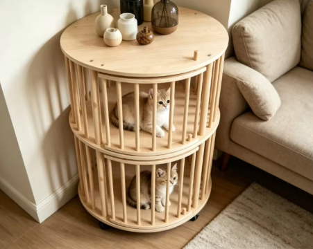 Round Double-Tier Solid Wood Cat Tower with Rolling Wheels & Side Table Top - Image 5