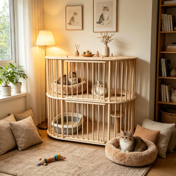 Double-Tier Solid Wood Cat Villa with Sisal Scratching Post & Rolling Wheels - Image 8