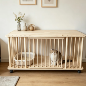 Solid Wood Single-Tier Cat Condo with Rolling Wheels & Spacious Top Shelf