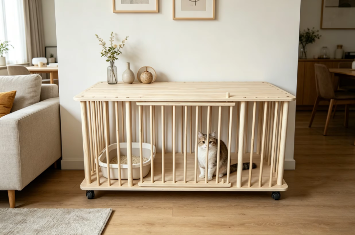 Solid Wood Single-Tier Cat Condo with Rolling Wheels & Spacious Top Shelf