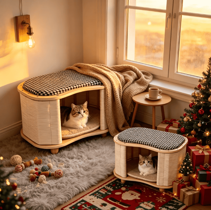 Modern Multi functional Cat House Stool Woven Pet Bed Ottoman Indoor Cat Cave Nest with Padded Cushion for Small Dogs and Cats - Image 4