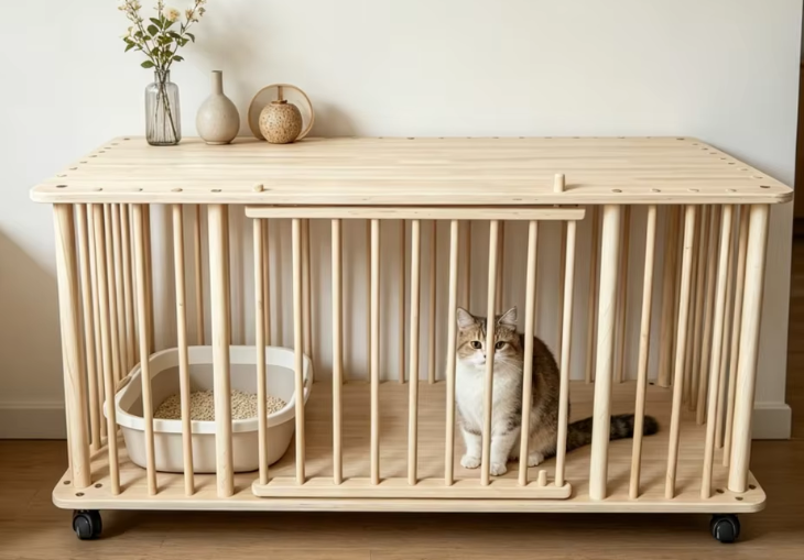 Solid Wood Single-Tier Cat Condo with Rolling Wheels & Spacious Top Shelf - Image 3