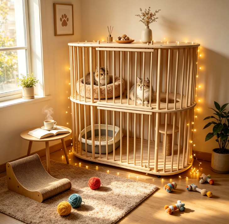 Double-Tier Solid Wood Cat Villa with Sisal Scratching Post & Rolling Wheels - Image 9