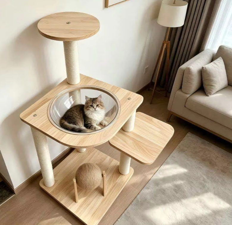 Modern Wooden Cat Tower with Clear Space Capsule & Sisal Scratch Ball - Image 10