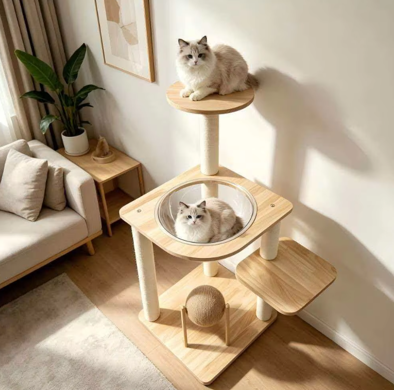 Modern Wooden Cat Tower with Clear Space Capsule & Sisal Scratch Ball - Image 11