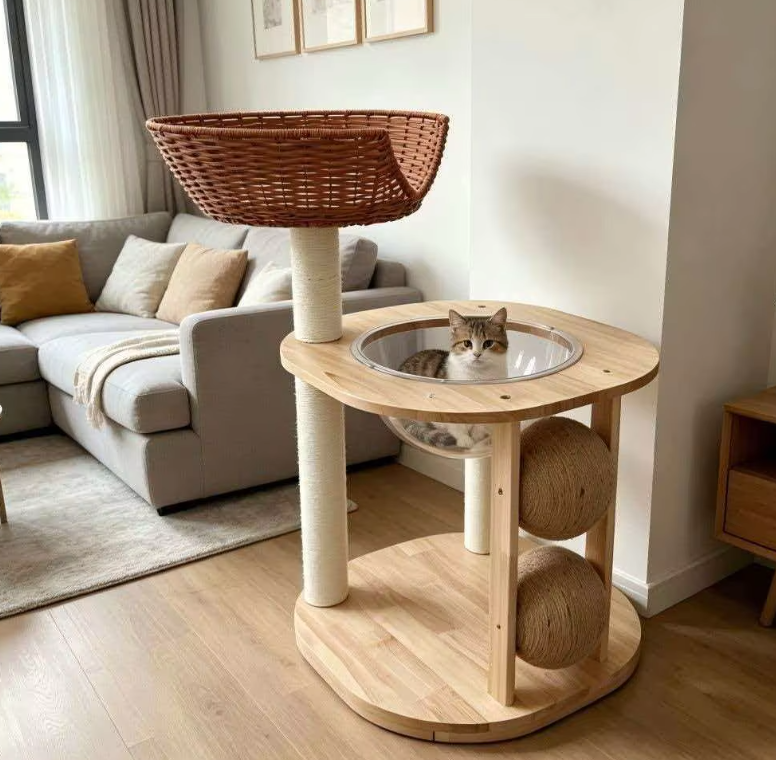 Chic Wooden Cat Tower with Woven Basket, Clear Capsule & Sisal Balls - Image 9
