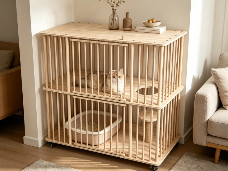 Double-Tier Solid Wood Cat Villa with Sisal Scratching Post & Rolling Wheels - Image 5